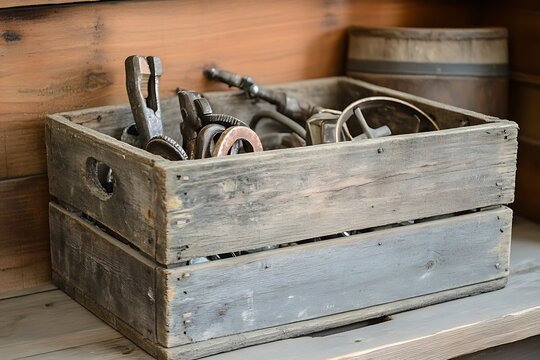 a wooden crate with rusty tools