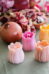 Handmade Candles, Peonies & Pomegranate on Festive Table