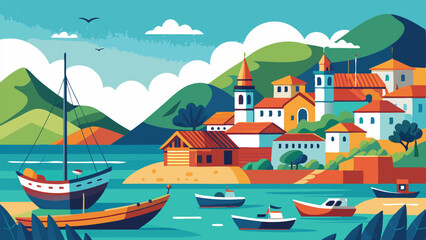 Colorful Coastal Village Illustration with Boats and Mountains, Tranquil Seaside Town Artwork