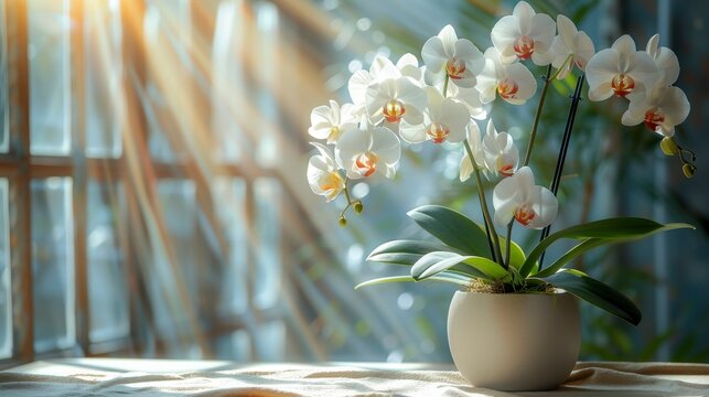 White orchids in a pot sit in front of a window with sunlight streaming through