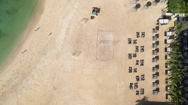 Drone point of view at Nico beach at sunny day. Perfect holiday location.Nusa Dua.Bali