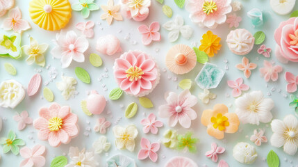 A delightful assortment of handcrafted soft pastel flowers and leaves, perfect for a whimsical spring celebration or elegant decorative purpose.