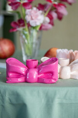 Handmade Pink Bow Candle Holder, Festive Table Decor