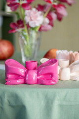 Handmade Pink Bow Candle Holder, Festive Table Decor