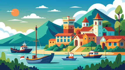 Naklejka premium Colorful Illustration of a Mediterranean Town with Boats on Water and Mountains in the Background