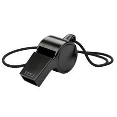 Sleek Black Whistle with Reflective Metallic Finish and Neatly Coiled Cord Against White...