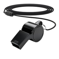 Sleek Black Whistle with Reflective Metallic Finish and Neatly Coiled Cord Against White...