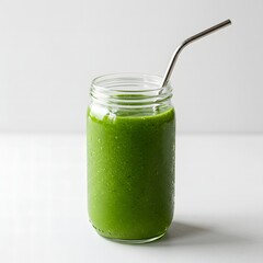 A vibrant green smoothie fills a mason jar, condensation clinging to its sides. A reusable metal straw adds a touch of modern elegance to this healthy drink.