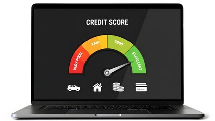 Credit score concept, Online credit score ranking check. student loan, mortgage and payment cards. Businessman using laptop with virtual credit score icon for chart with credit history values.