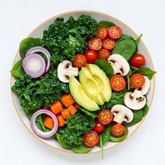 A healthy, colorful salad featuring kale, spinach, avocado slices, cherry tomatoes, mushrooms, red onion, and carrots in a bowl.