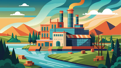 Colorful Stylized Factory Landscape Vector Illustration with River, Mountains, Trees and Cloudy Sky