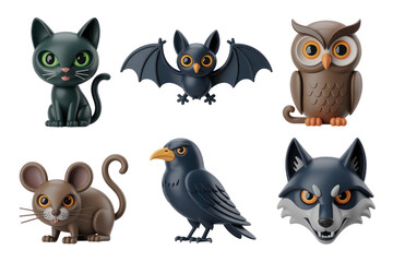 Six Stylized Halloween Animals Isolated on White Backgrounds Transparent P N G Cutout Clipping Path Social Media Line Art Black Full H D 4 K Image Set Bundle Photo Picture Stock New