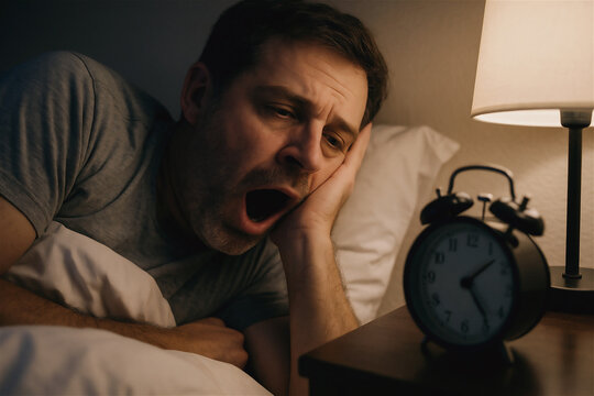 A middle-aged Caucasian man with insomnia, shadows under eyes, yawns in bed trying to sleep, looking at bedside alarm clock showing late night hours.