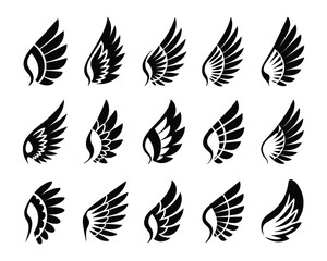 Collection of Stylized Black Wing Silhouettes – Line Art Feather Vector Set