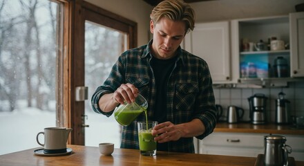 Young man preparing a healthy green smoothie in a cozy kitchen