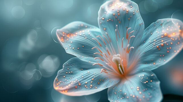 Luminescent flower with delicate petals speckled with gold dust against a soft, blurred background