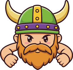 Viking warrior head with green horned helmet and orange beard angry expression vector illustration