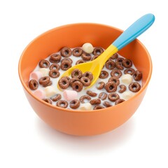A vibrant orange bowl filled with chocolate cereal rings, mini marshmallows, and milk. A colorful spoon rests inside. Delicious breakfast!