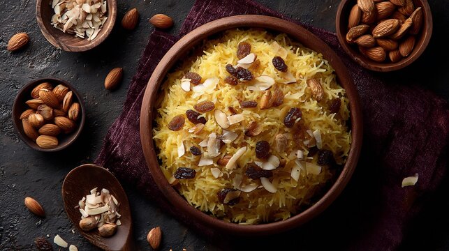 Pakistani zarda sweet rice raisins coconut and almonds festive setting top down view