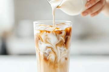 Pouring creamer into iced coffee creating visually appealing swirls, promising a delicious and refreshing beverage.