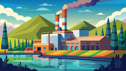 Cartoon Factory Landscape with Lake Reflection, Chimneys, Green Hills, and Vibrant Vegetation © Brojendra