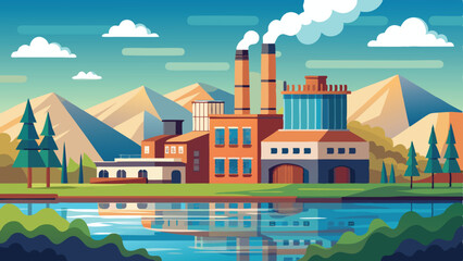 Cartoon Factory by the Lake with Mountain Backdrop and Smokestacks Blowing