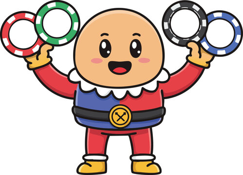 Humpty Dumpty character holding colorful casino poker chips vector illustration with happy expression and cartoon style