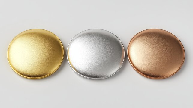 A 3D picture shows gold, silver, and bronze medals. These blank medals are for 1st, 2nd, and 3rd place. They look like buttons and are on a white background. They're empty and ready to be used.
