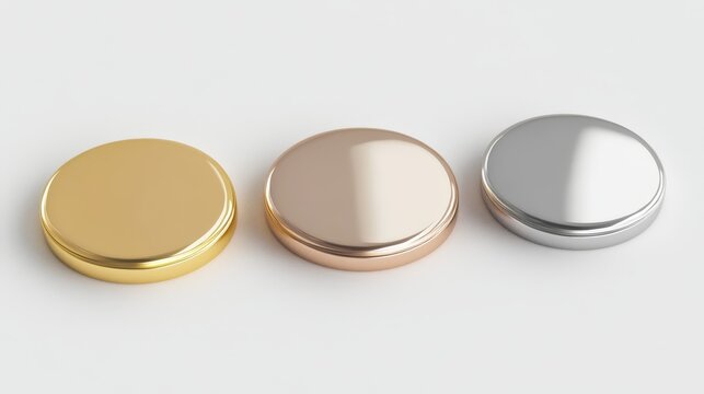 A 3D picture shows gold, silver, and bronze medals. These blank medals are for 1st, 2nd, and 3rd place. They look like buttons and are on a white background. They're empty and ready to be used.
