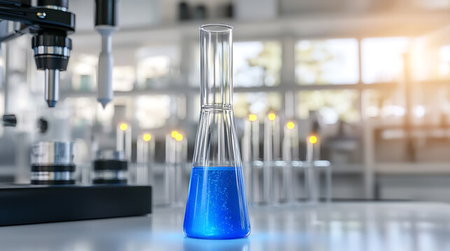 Laboratory Equipment: Experiment with a vibrant blue liquid in glassware, test tubes and lab instruments. Modern Science in bright setting