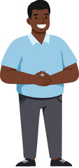 Fototapeta premium Smiling young man wearing blue shirt and dark pants standing with hands clasped in casual pose vector illustration