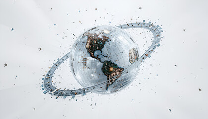 A gleaming Earth globe surrounded by a futuristic ring and scattered fragments, presenting a concept of global connectivity and technological advancement.