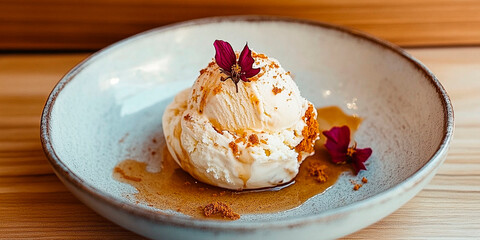 Helado de crema americana decorado con una flor lila