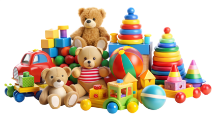 Pile of Colorful Toys for Children on Transparent Background