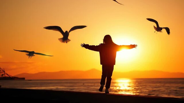  Child silhouette with arms outstretched outdoors at sunset over sea with flying bird. Freedom and nature. Freedom and Nature concept. 4K video clip