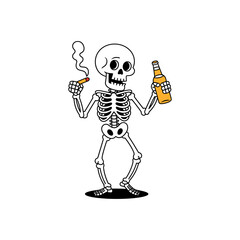 Cartoon Skeleton with Cigarette and Beer: A quirky, cartoon skeleton figure enjoys a cigarette and a bottle of beer, playfully illustrating a humorous take on life's less-than-healthy habits.