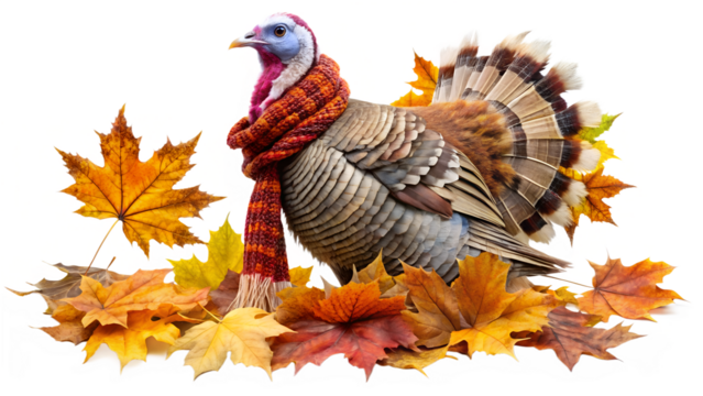 Turkey Wearing Scarf with Autumn Leaves on Transparent Background