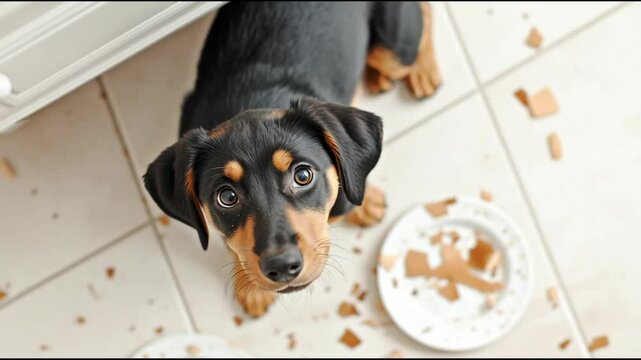 Naughty puppy making mess in kitchen at home. Dog sitting on floor and looks either guilty after knocking plate down