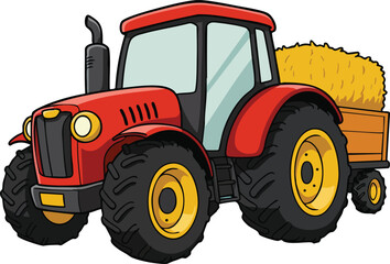 Obraz premium Red tractor carrying hay bale on trailer agricultural vehicle farm equipment design vector