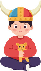 Boy wearing colorful viking helmet holding teddy bear sitting cross-legged happy vector illustration