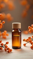 Sea buckthorn oil bottle, natural beauty product, aromatherapy, essential oil, skincare remedy