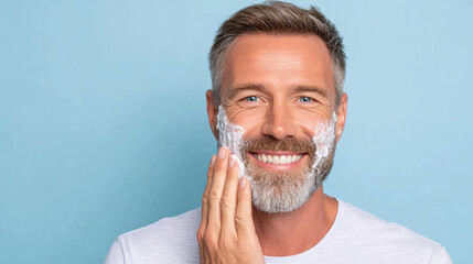 Man applying aftershave balm after shaving for skincare routine.