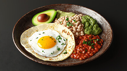A rustic wooden table features a plate of huevos rancheros, complete with a fried egg, beans, avocado, and salsa, next to a stack of tortillas.
