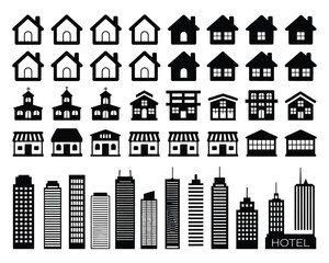 Fototapeta premium Monochrome Vector Building Collection – Homes, Commercial Spaces, and City Architecture