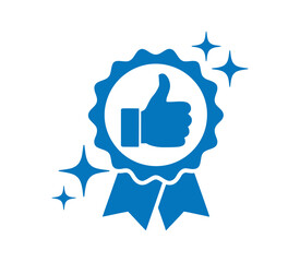 Award Icons, Thumbs Up in Black, Blue, and Red. Winner medal star and ribbon, set of award icons, each featuring a thumbs-up within a circular frame with ribbons. approval icon with ribbon and stars.