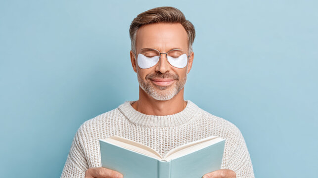 A man reading a book while wearing an under-eye patch for skincare. - Powered by Adobe