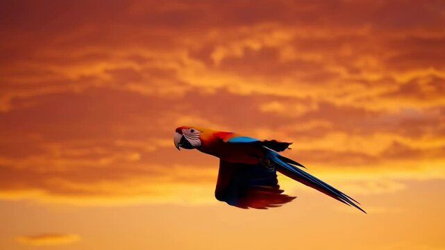 Vibrant Macaw Soaring Against a Sunset Sky
