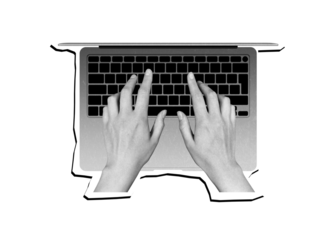 Human hands work typing on a laptop. Concept of creating an online project, working with financial analytics, earning virtual money. Freelancer work.