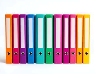 A neat row of colorful ring binders standing upright against a white background in a studio setting