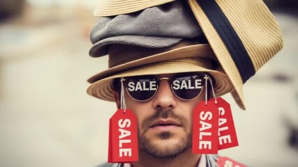 Man wearing stacked hats, sunglasses with "sale" tags, symbolizing consumerism, abundance, and overwhelming choices during sales